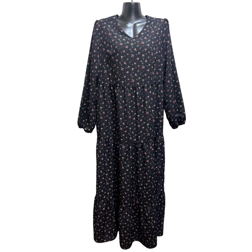 Dark Bohemian Long Sleeve Maxi Dress XL Black Ditsy Floral Witchy Whimsygoth
